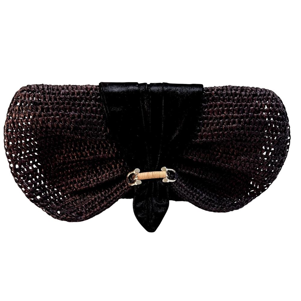 Helen Kaminski Woven Raffia Bow Clutch Bag Black Suede Bamboo Coastal